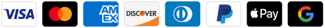 Visa, Mastercard, American Express, Discover, Diners Club, PayPal, Apple Pay, Google Pay